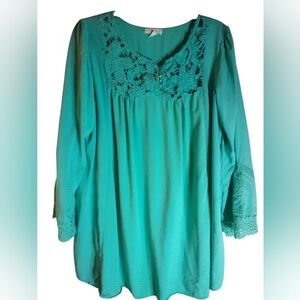 OPi Womens Mint Green Long Embroidered Top Size L Work Minimalist Boho Romantic
